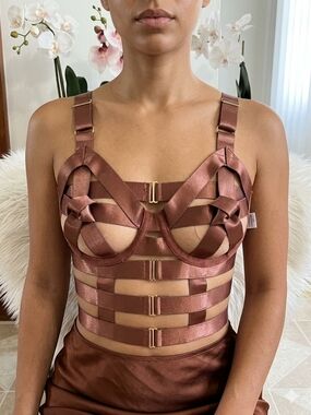 Satin Strappy Cage Bra Top in Bronze